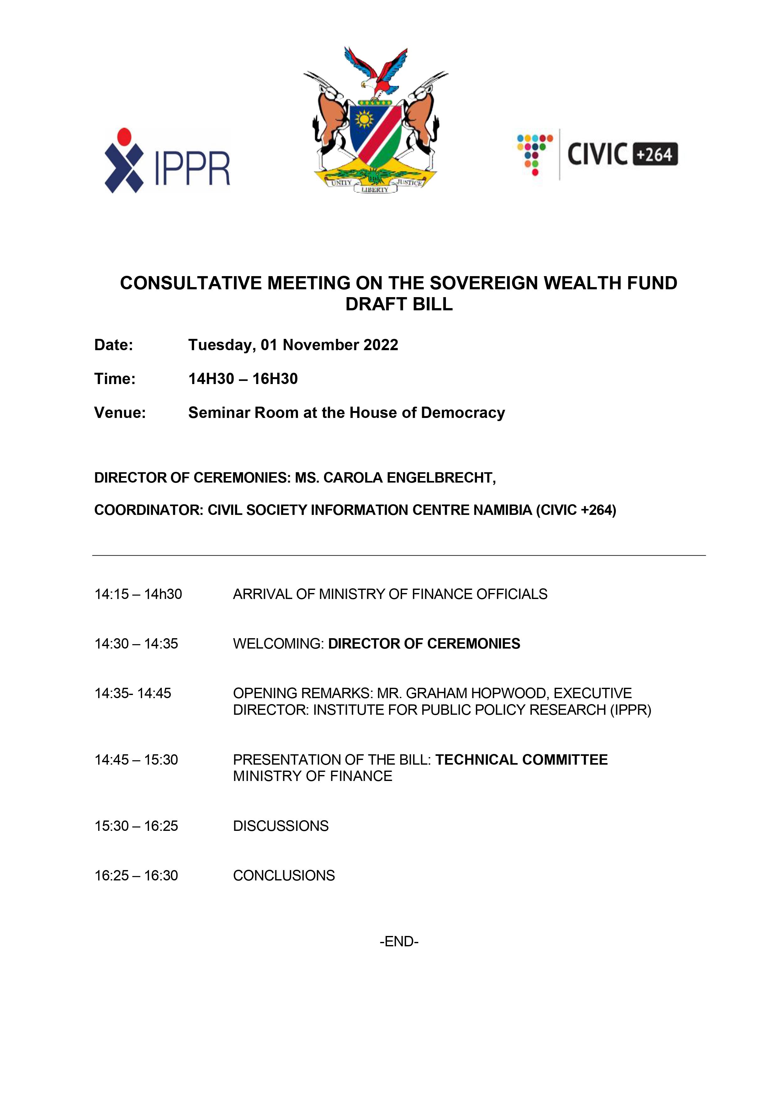 CIVIC 264 Activity 2022 11 01 MoF CSOS Consultative Meeting Draft Sovereign Wealth Fund Bill PROGRAMME final CE