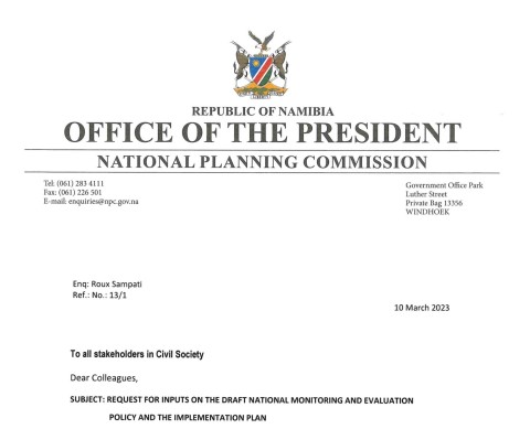Office of the President, NPC - Request for Inputs on the Draft National Monitoring & Evaluation Policy & the Implementation Plan - 31 March 2023